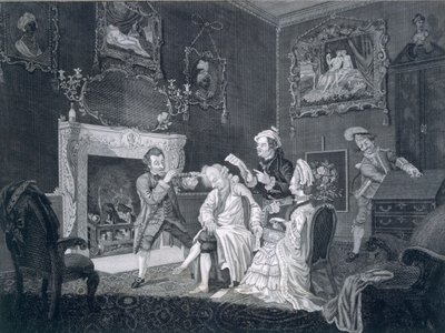 Diener lenken einen eitlen alten Mann ab, während ein anderer aus dem Schreibtisch stiehlt, graviert von Goldar, 1771 von Pugh